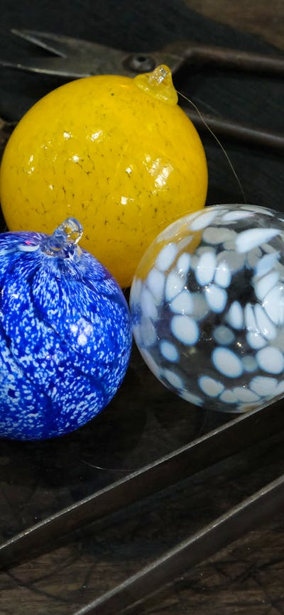 baubles with glass blowing tools