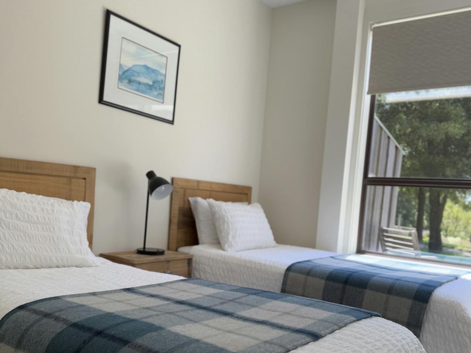 Bundaleera Vineyard and Farm Stay accommodation single beds with blankets, artwork and view out