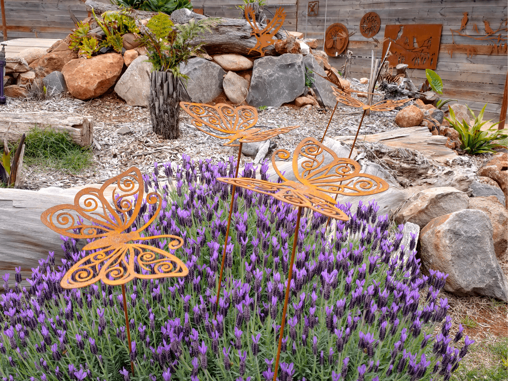 Lavender with butterfly garden art