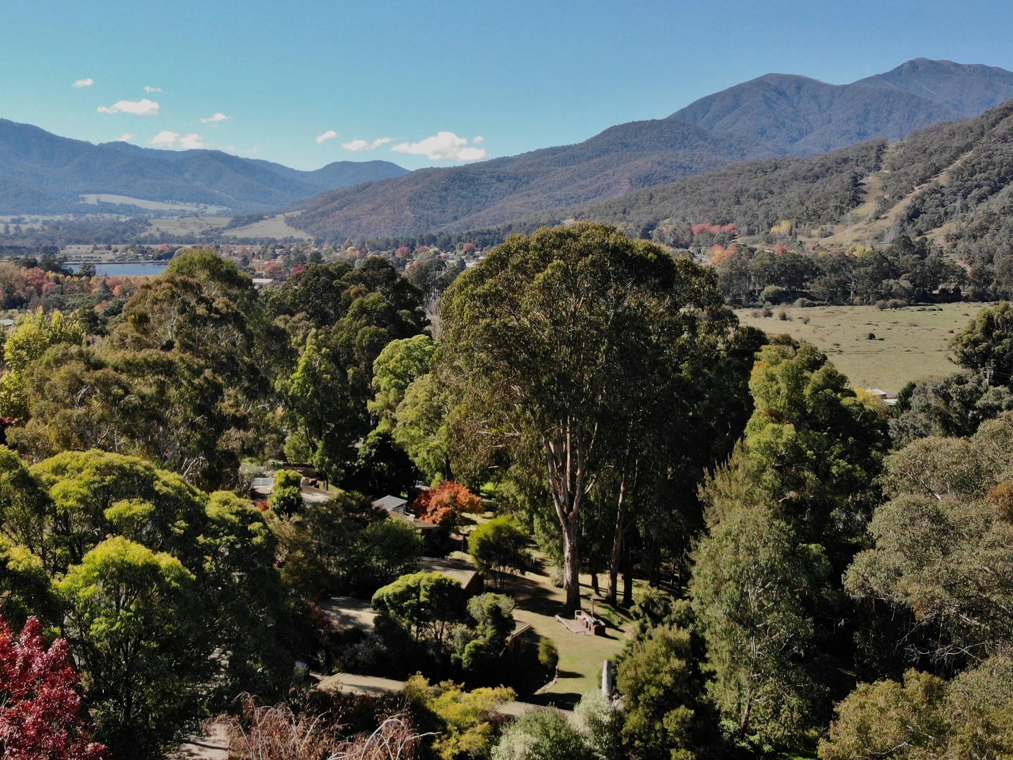 View from above the cottages, looking towards Mt Bogong and Mt Beauty township