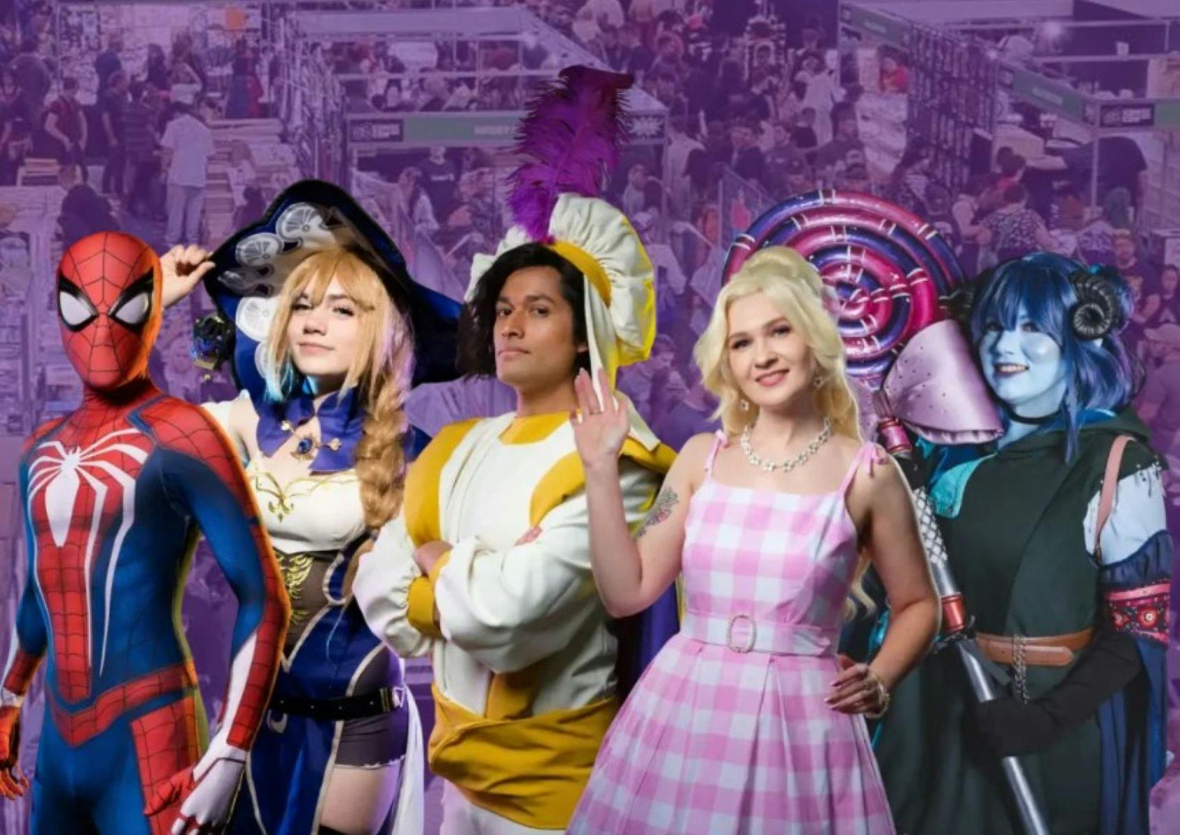 Photo of 5 cosplayers in their costumes behind a purple background of the exhibition hall