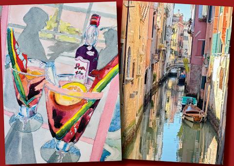 Watercolour painting of Aperitivo, and photograph of buildings and canal in Venice, Italy.