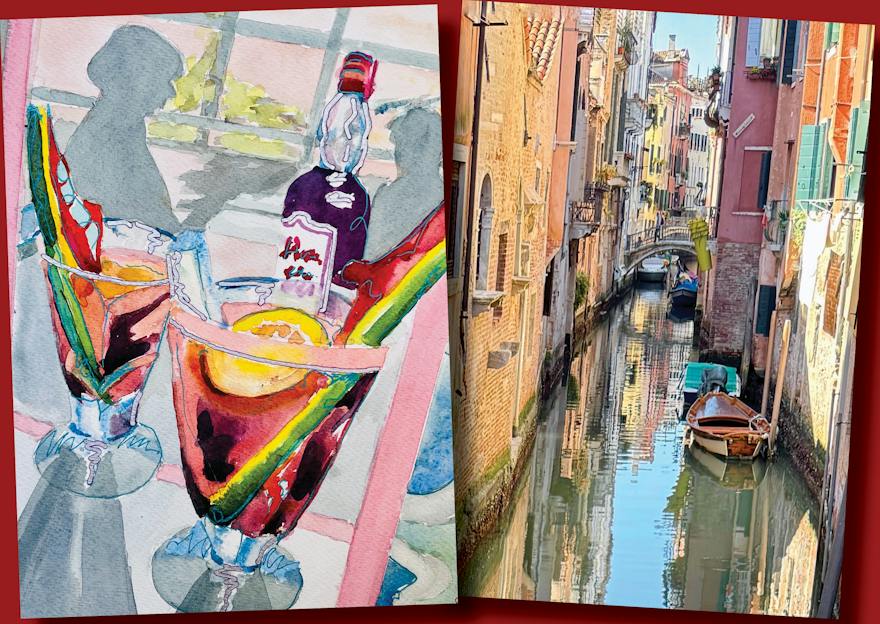 Watercolour painting of Aperitivo, and photograph of buildings and canal in Venice, Italy.