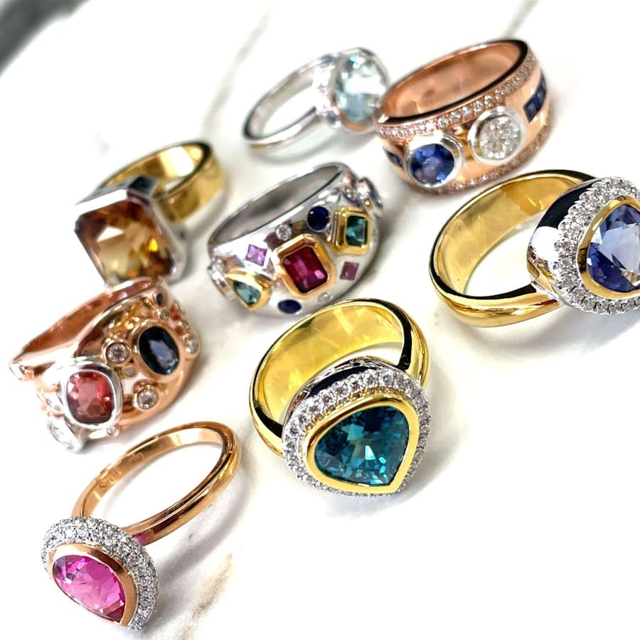 18ct Gold Statement Rings featuring diamonds and coloured gemstones