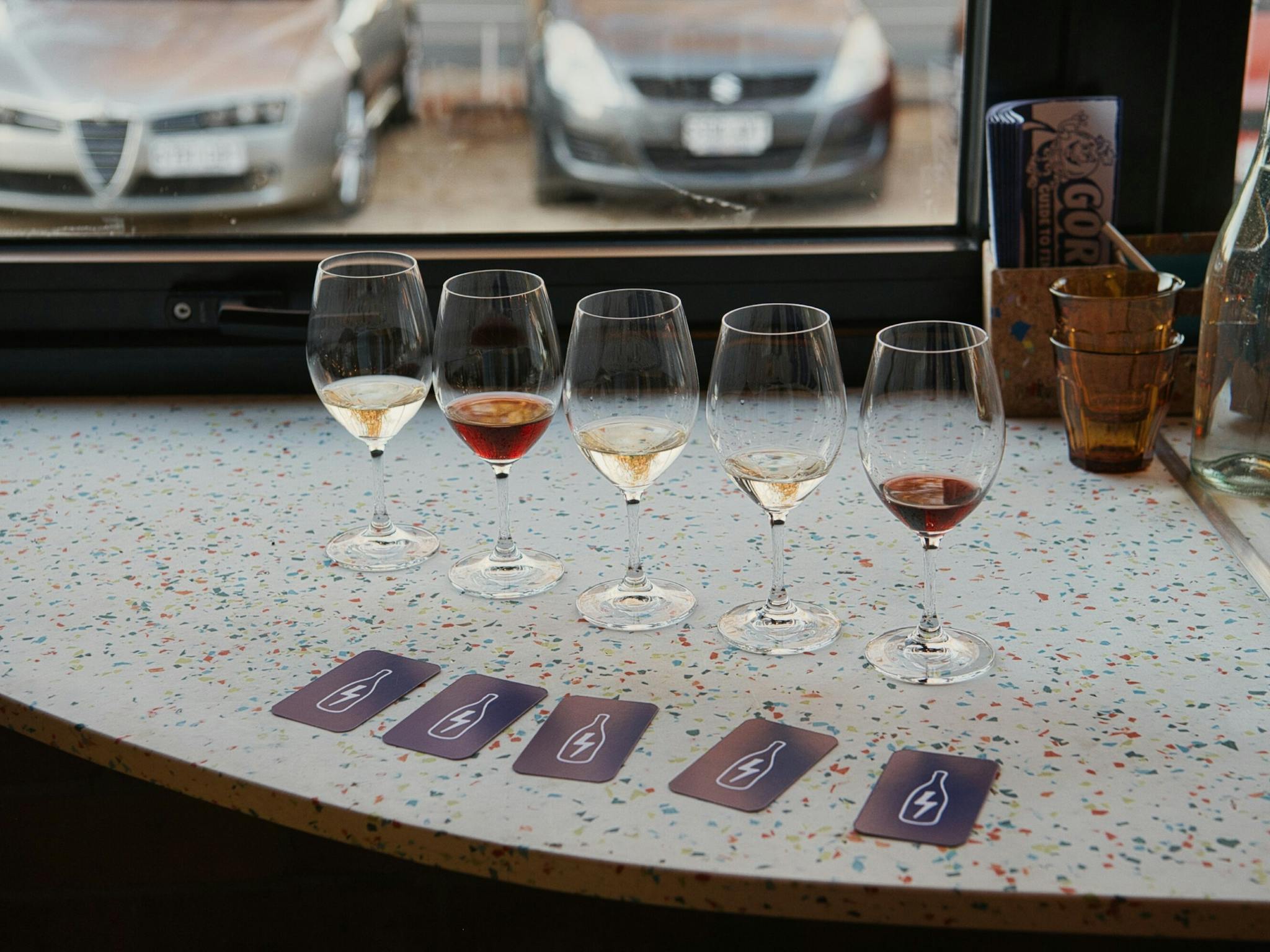 A lineup of blind-tasting wines