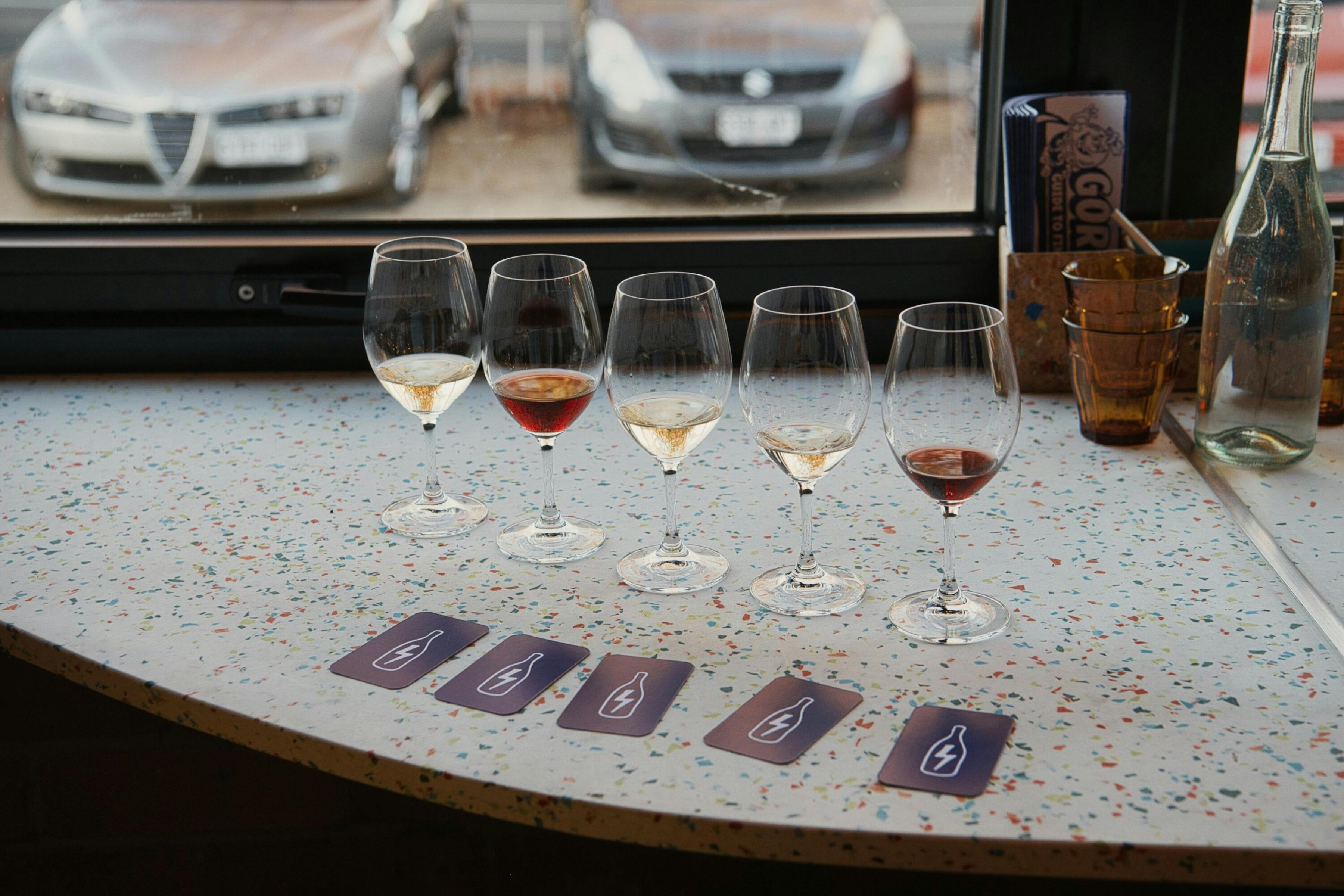 A lineup of blind-tasting wines