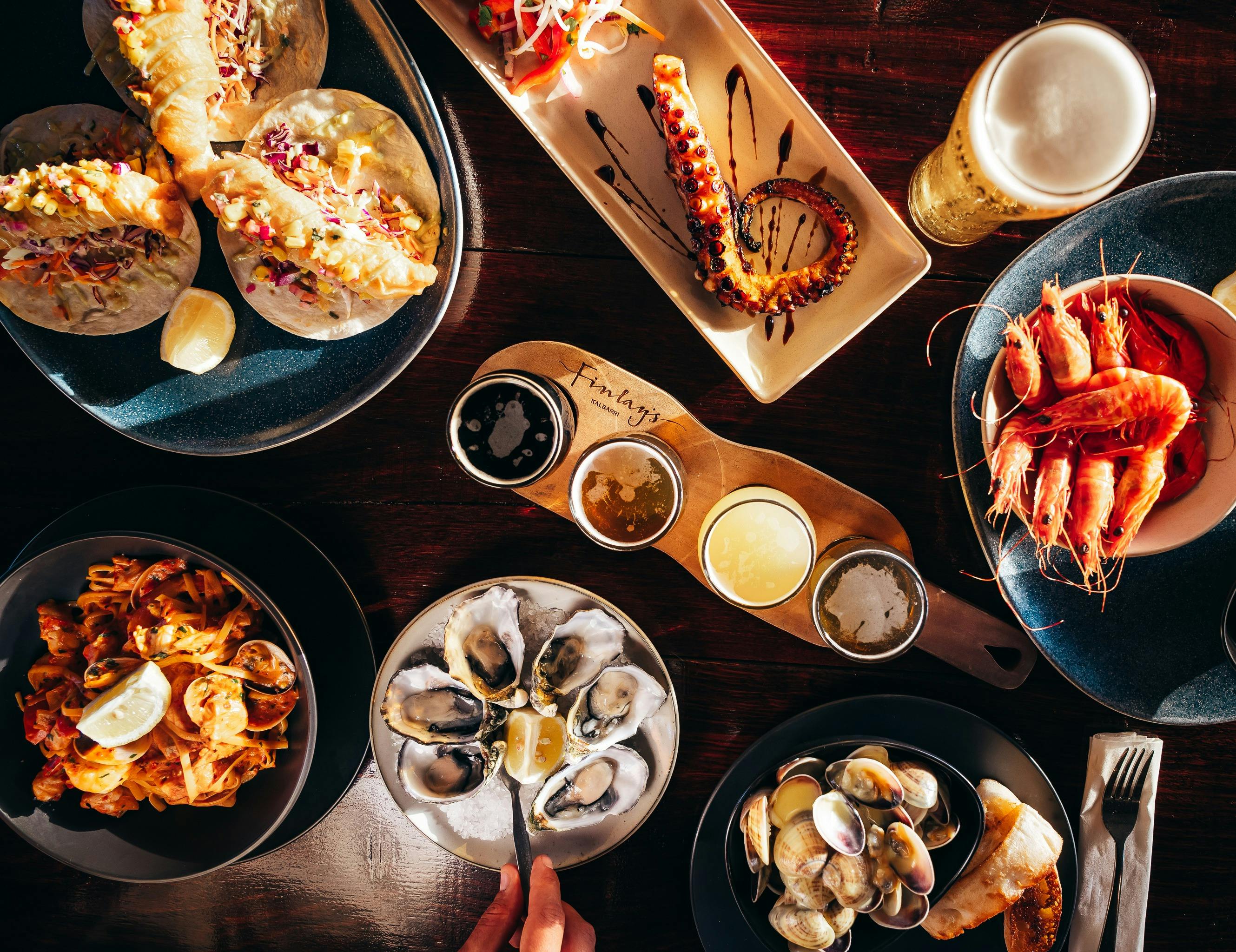 Octopus, prawns, oyster, craft beer all served at Finlay's Kalbarri