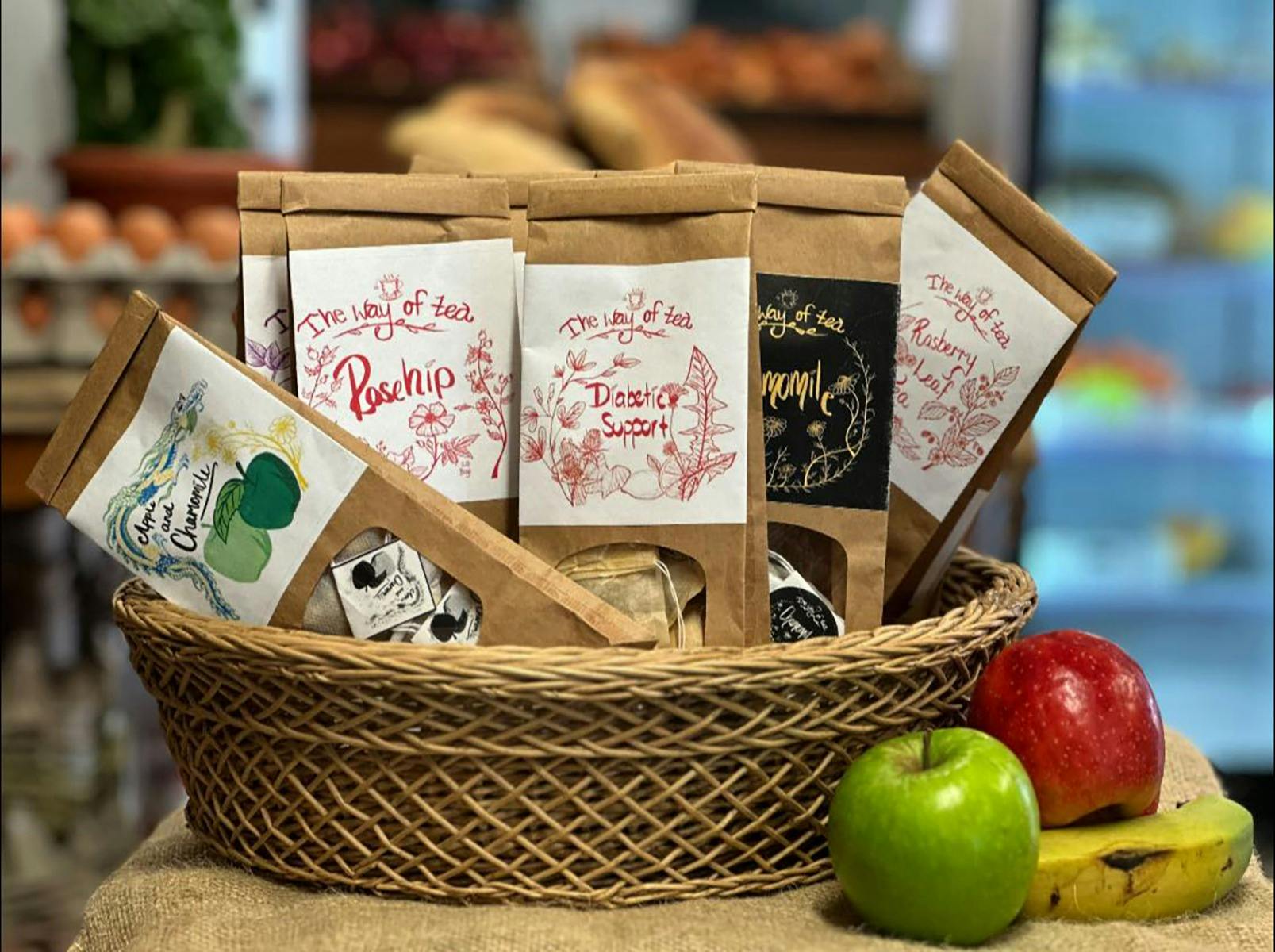 A basket containing organic foods.