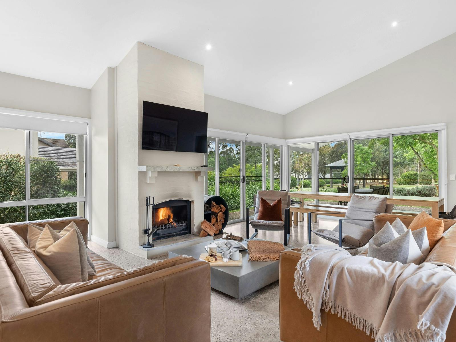 Rust lounge room with fireplace