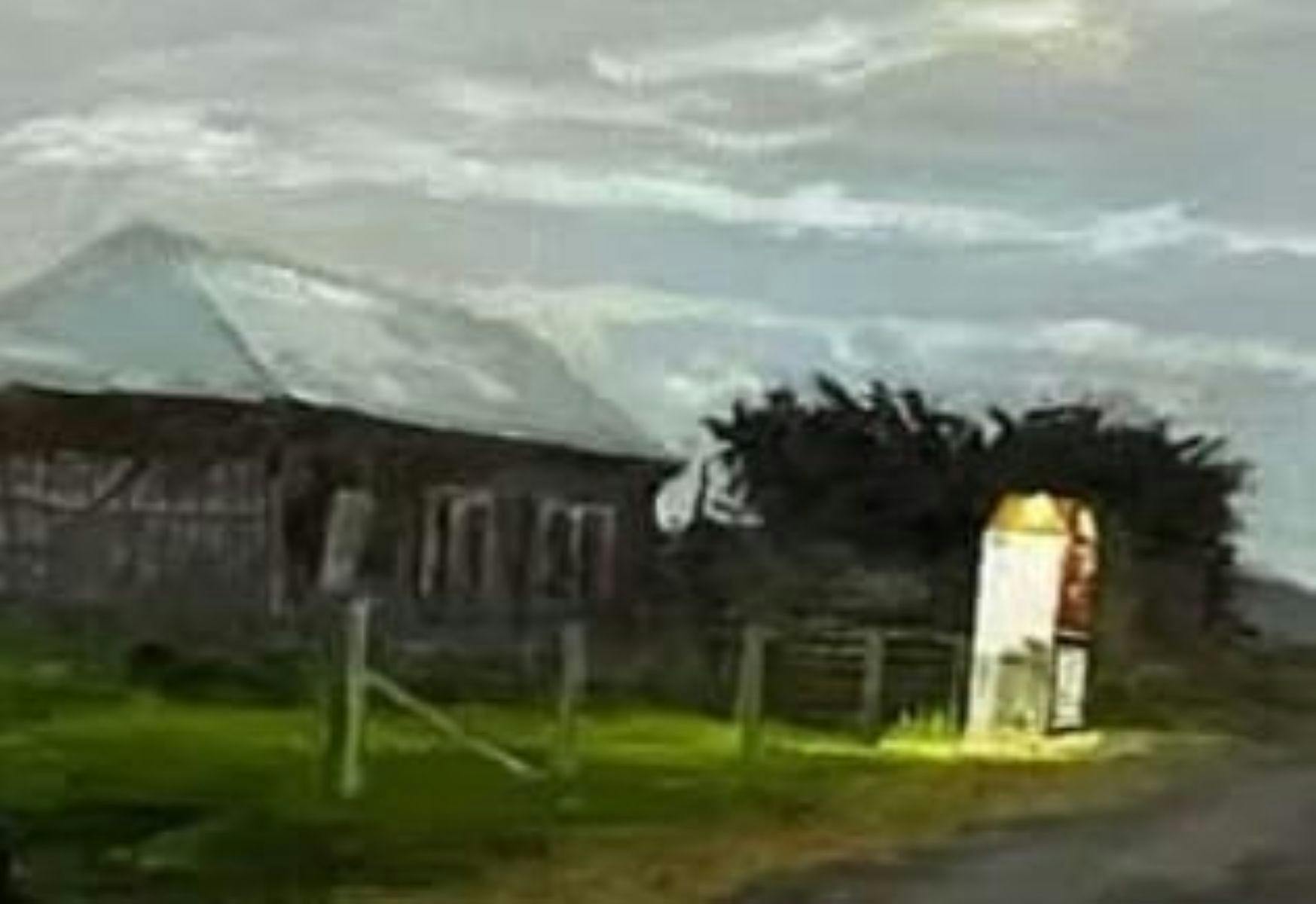 a painted scene of house on a country field at dusk