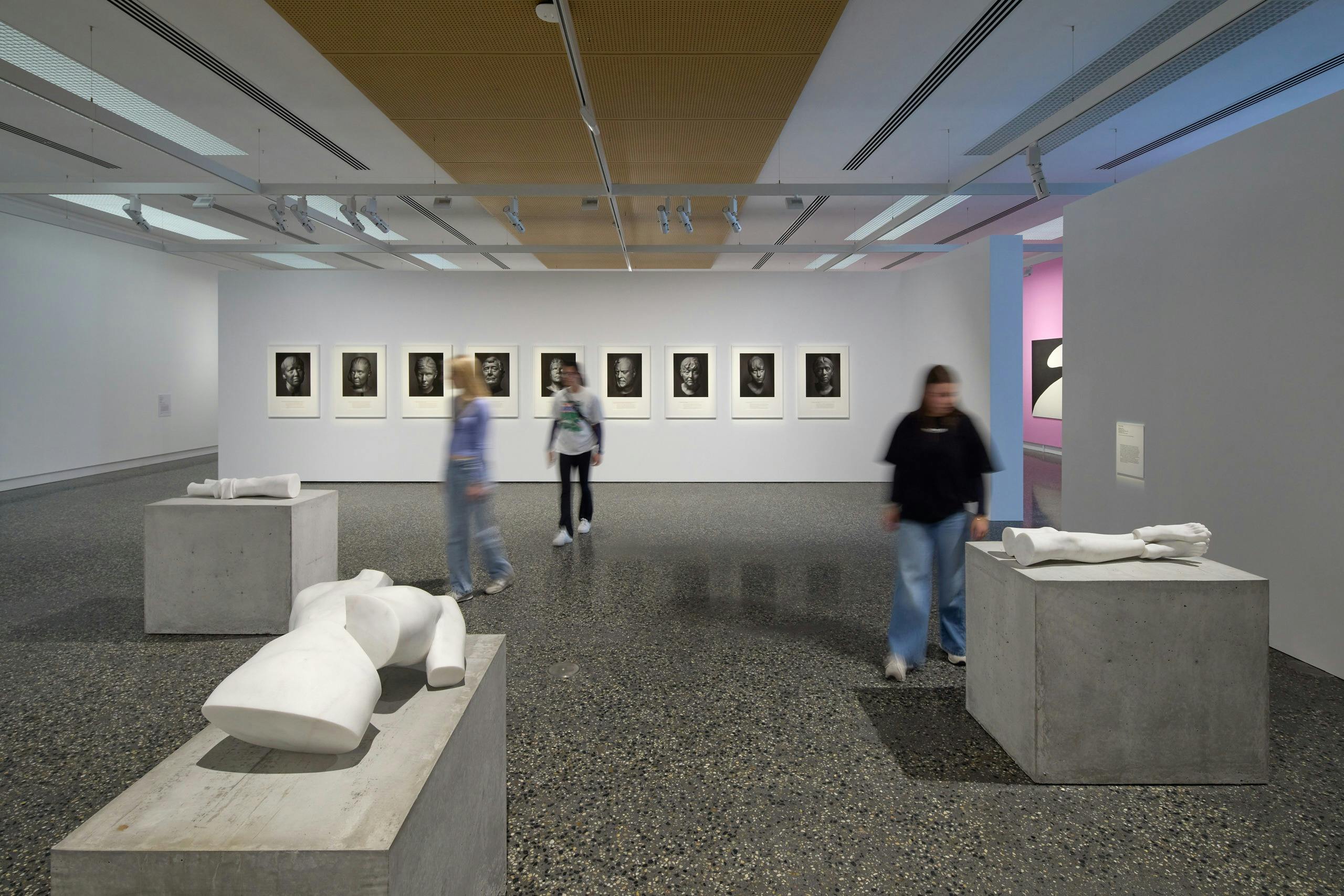 A gallery space with a A white sculpture of a man's upper body with no head or arms