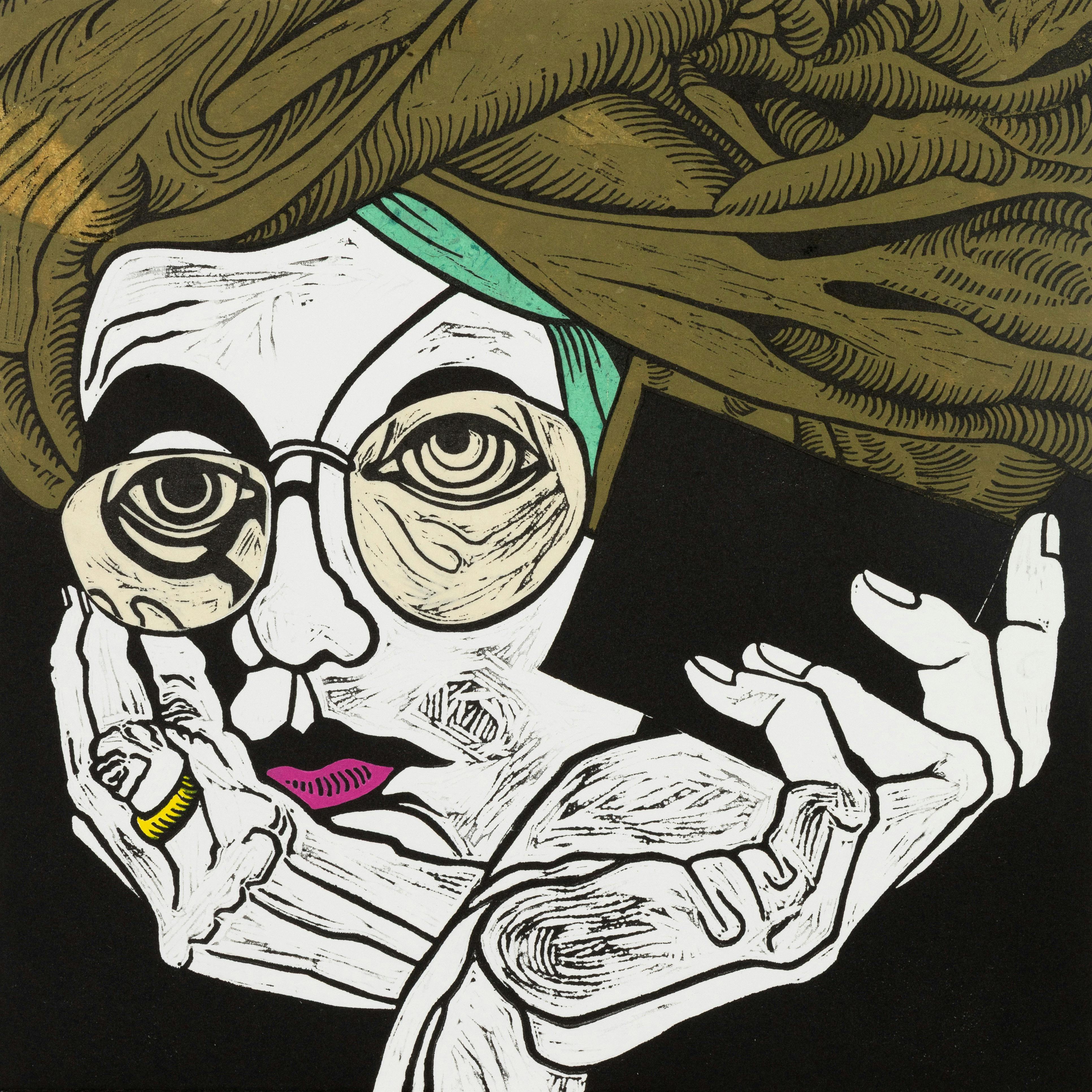 Print by Loris Button, Irrepressible Me, 2025. Linocut, collage and hand-colouring. 28 x 28cm.