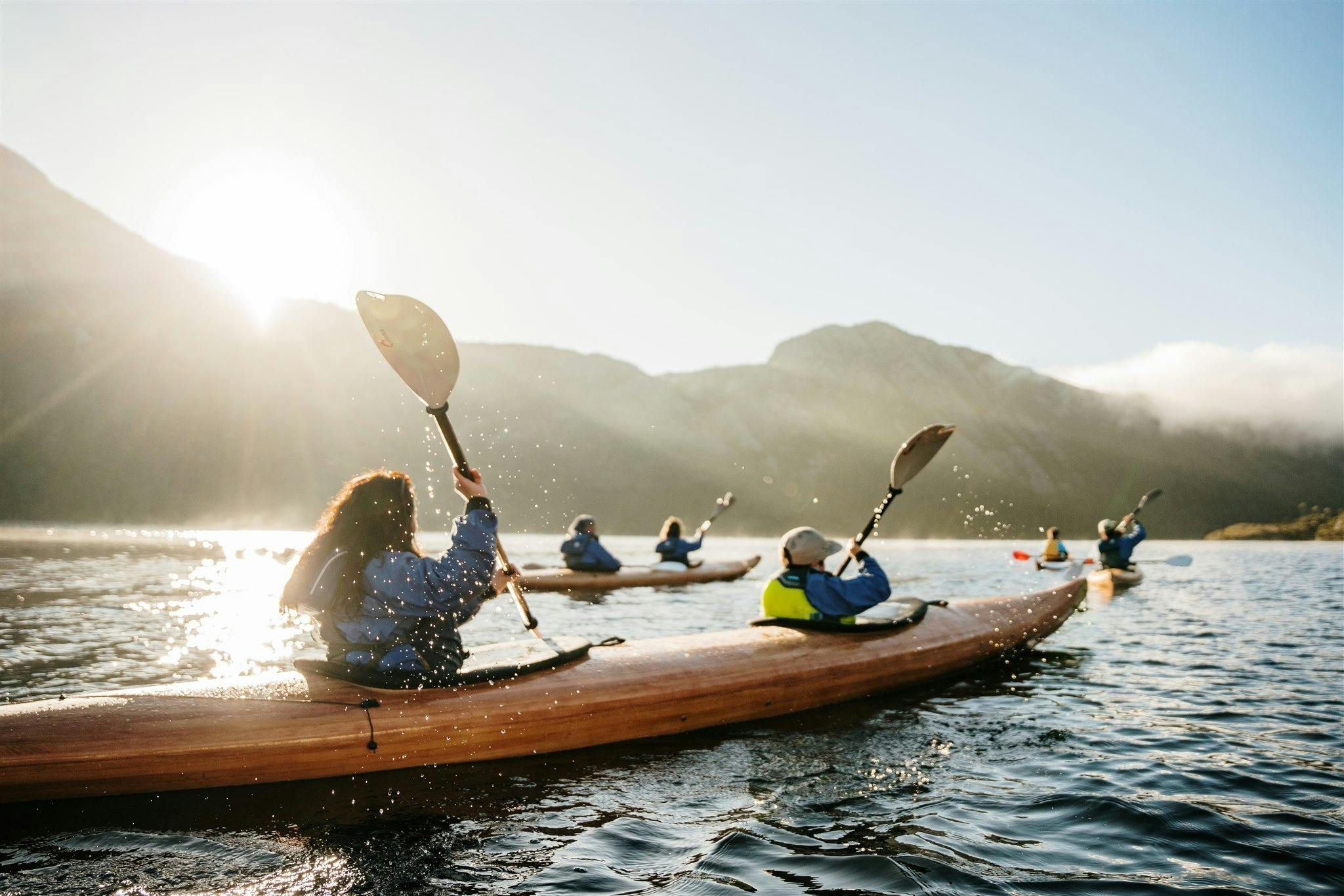 Four timber kayaks on Dove Lake