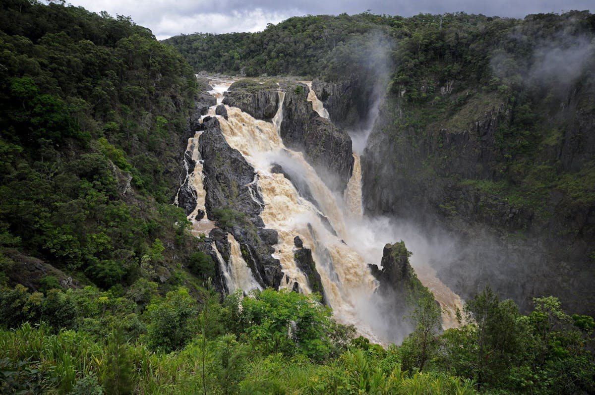 Barron falls waterfull in flood in Cairns, Queensland. Kuranda Village side platform lookout