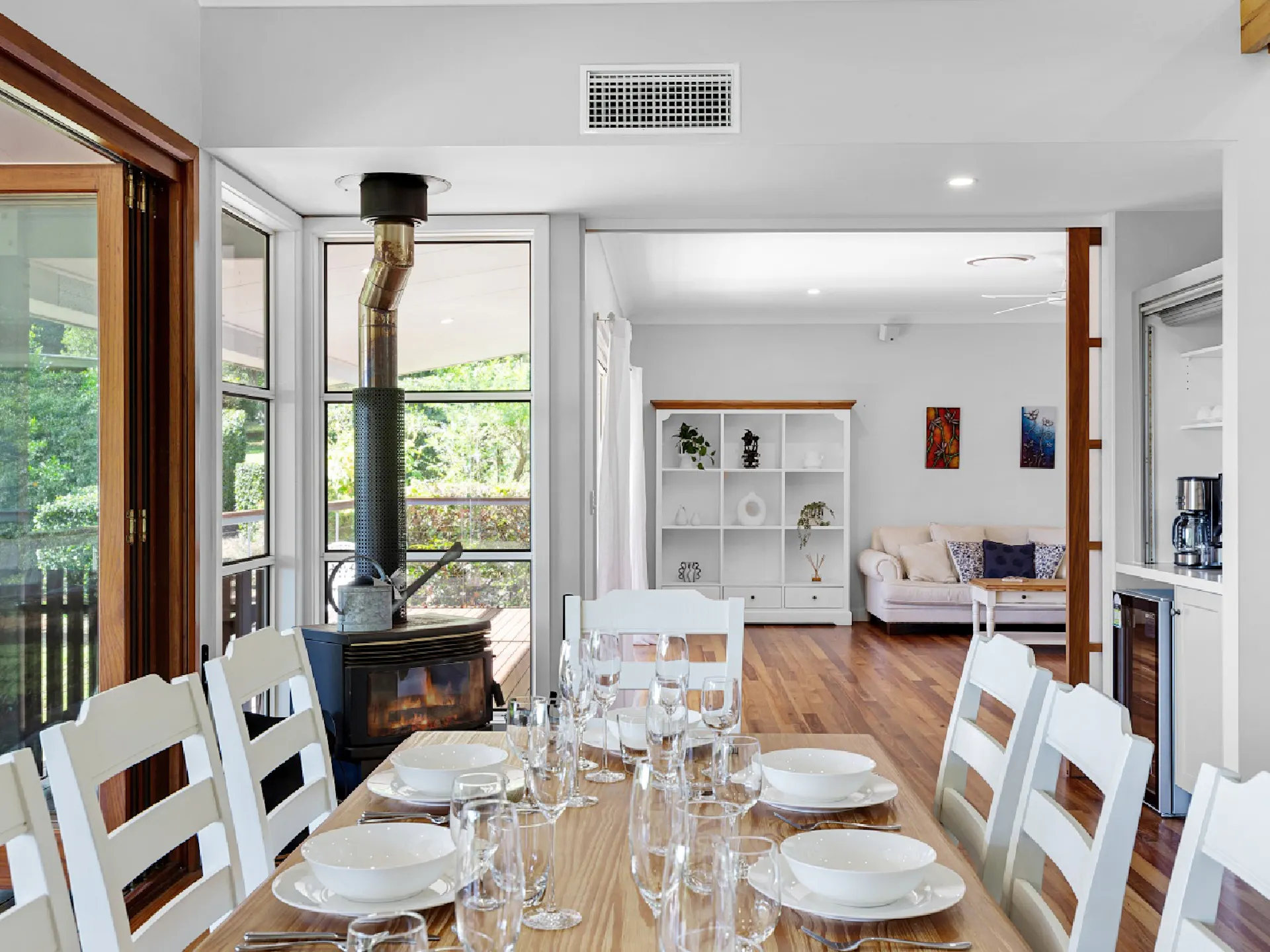 Dining area with indoor fireplace