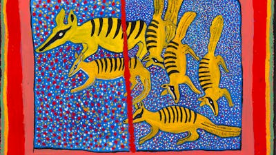 Bright, stylised painting of several yellow numbats with black stripes.