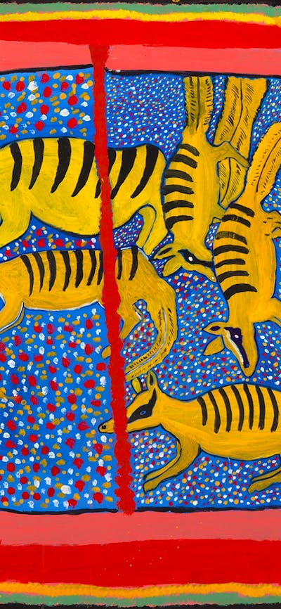 Bright, stylised painting of several yellow numbats with black stripes.
