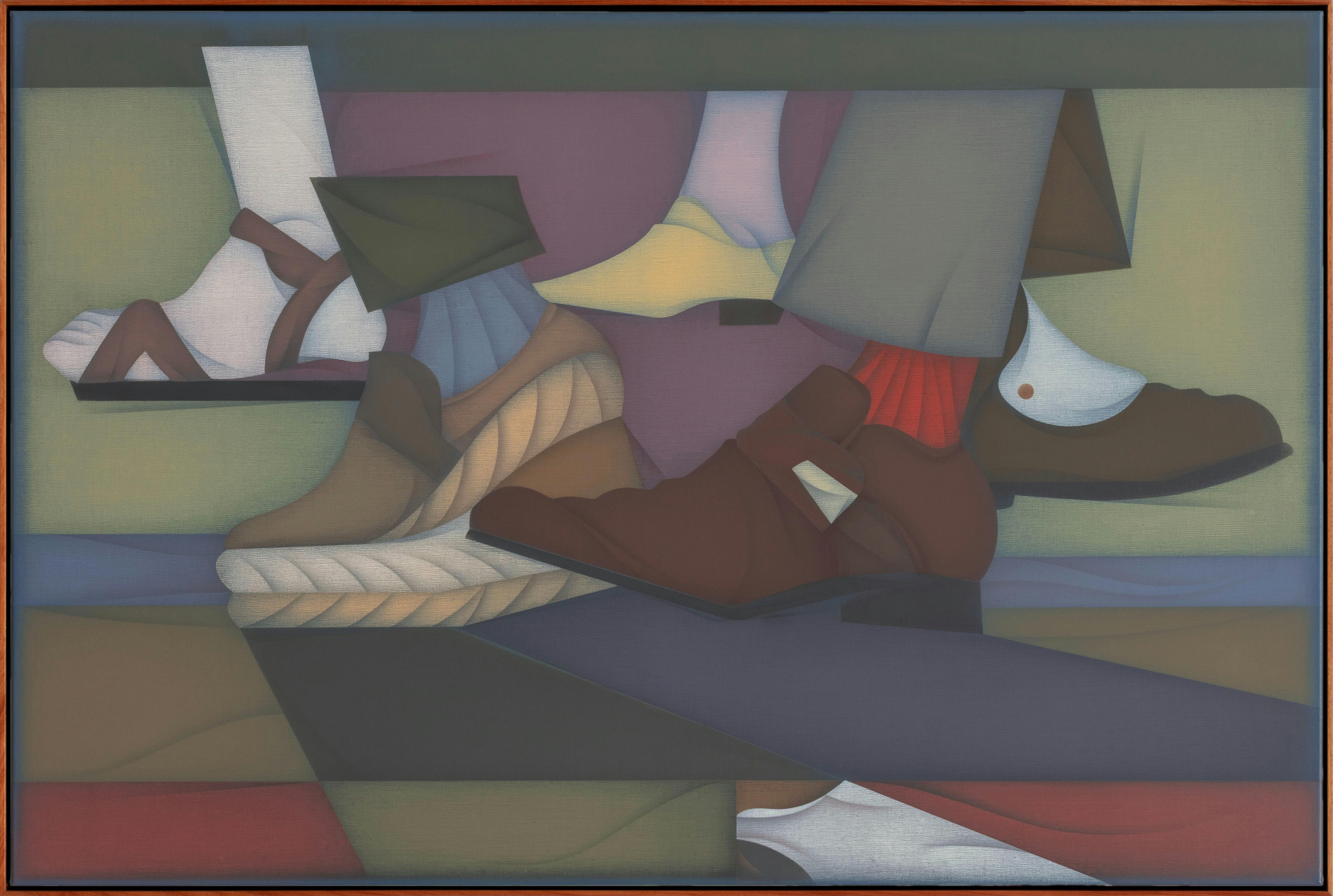 Abstract artwork showing various footwear overlapping, including sandals, loafers, and dress shoes,