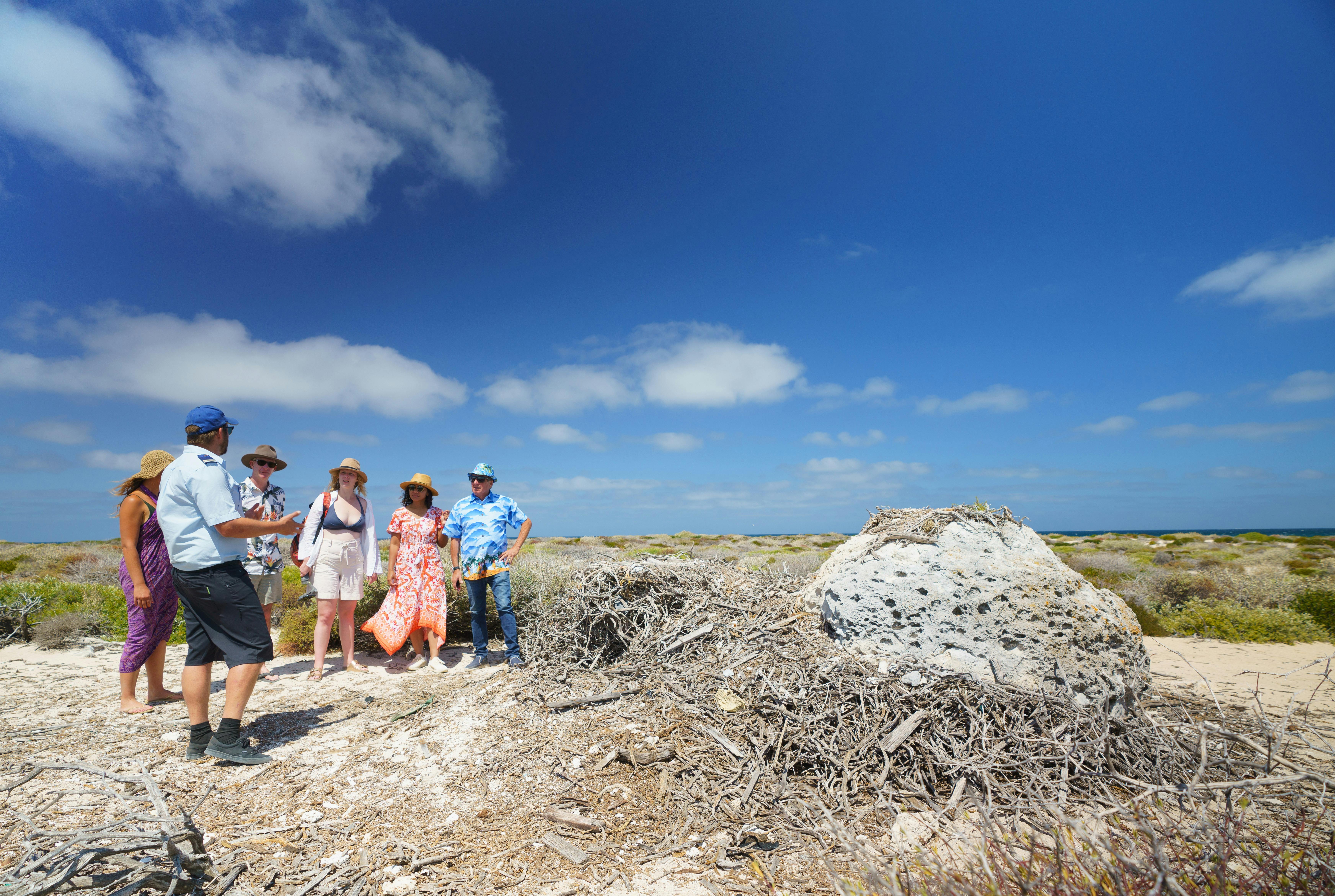 East Wallabi Island at the Abrolhos Islands. Pilot taking guests on a tour of the island.