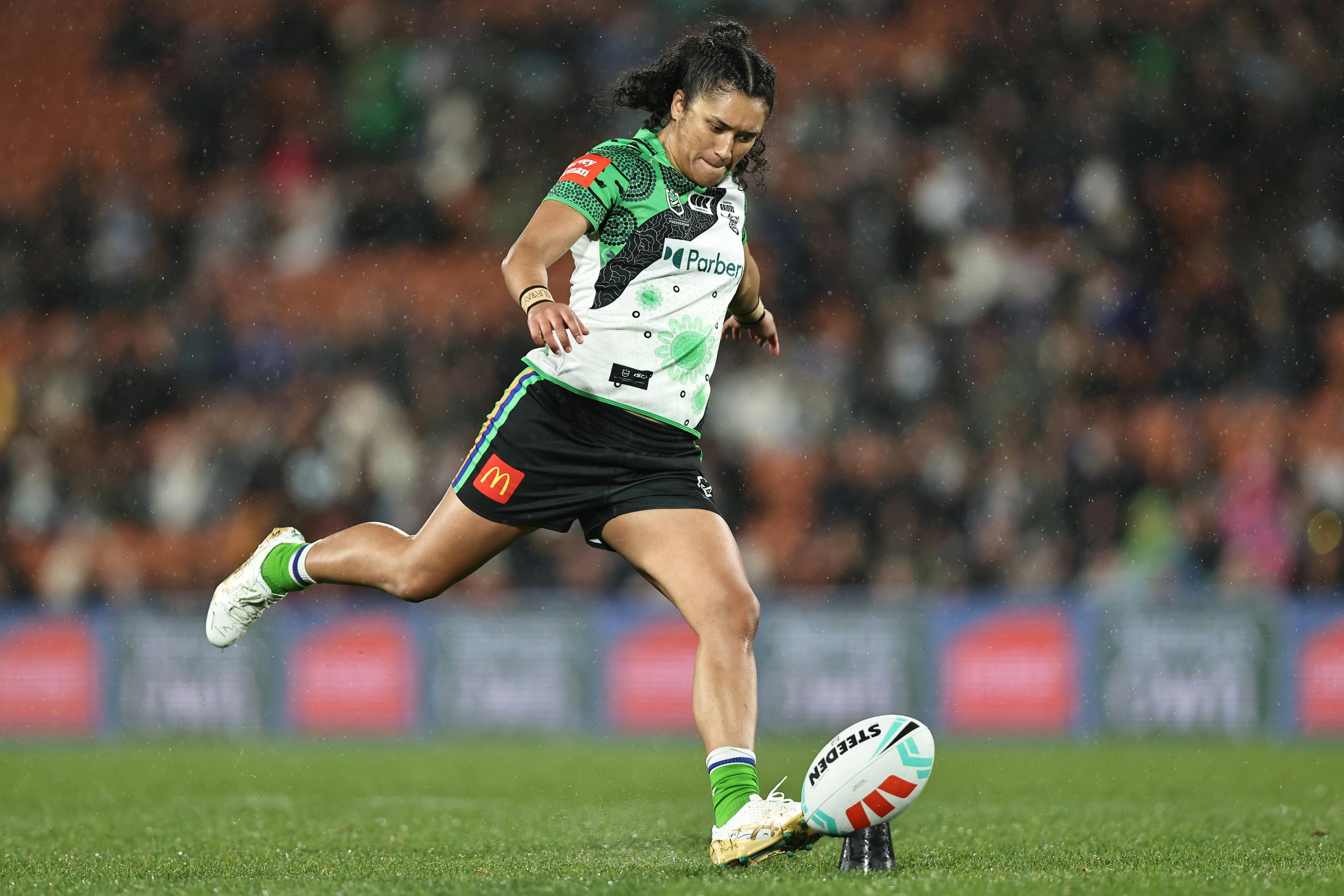 Canberra Raiders NRLW player Zahara Temara kicking a conversion.