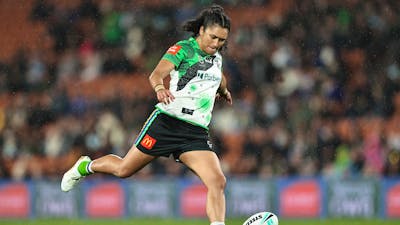Canberra Raiders NRLW player Zahara Temara kicking a conversion.