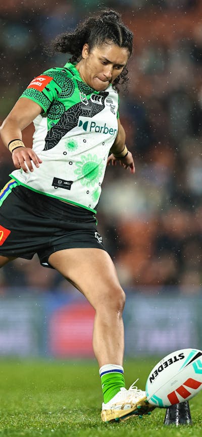 Canberra Raiders NRLW player Zahara Temara kicking a conversion.