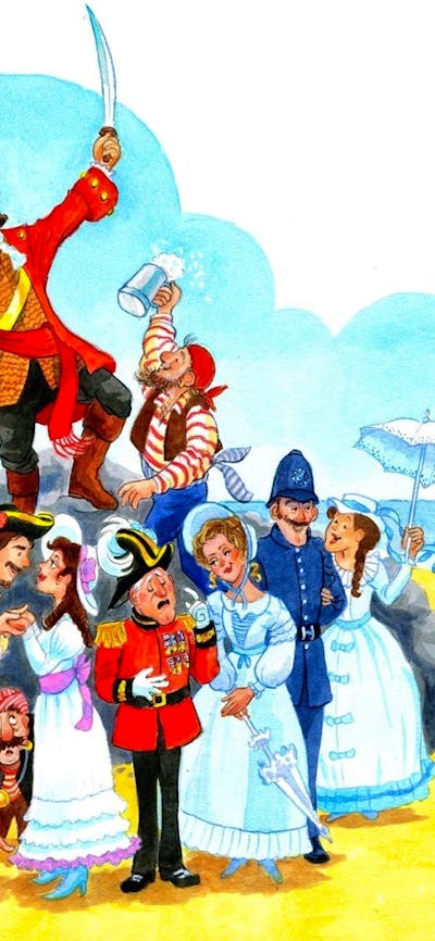 A group of pirates drawn in colour standing on a beach with other various characters.