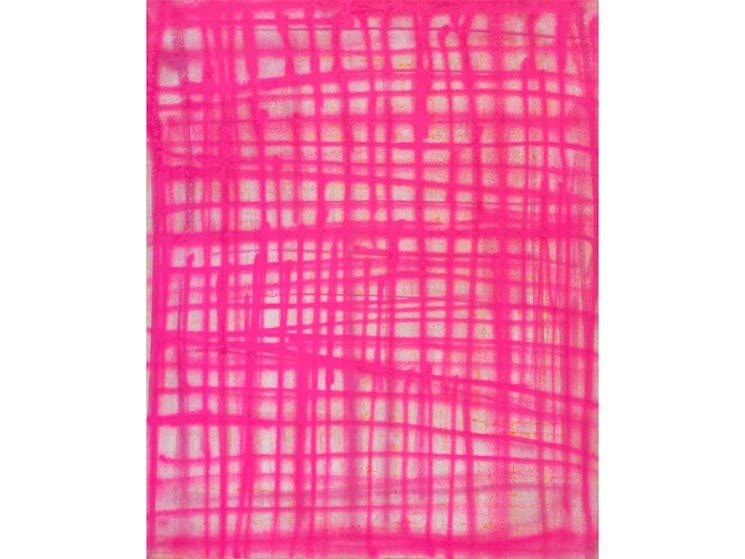bold pink abstract painting with mixed media