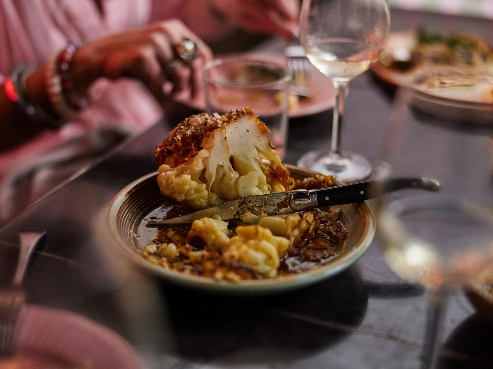 Food on table with knife