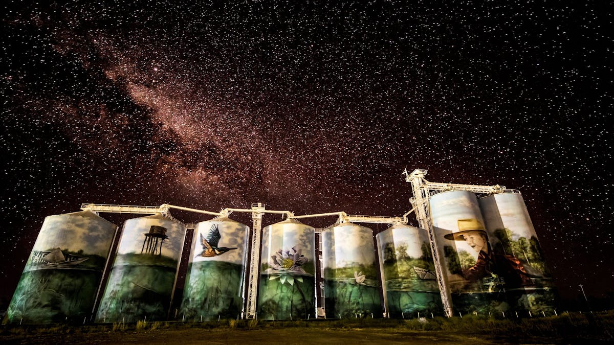 Yelarbon Silos image at night with stars in the sky