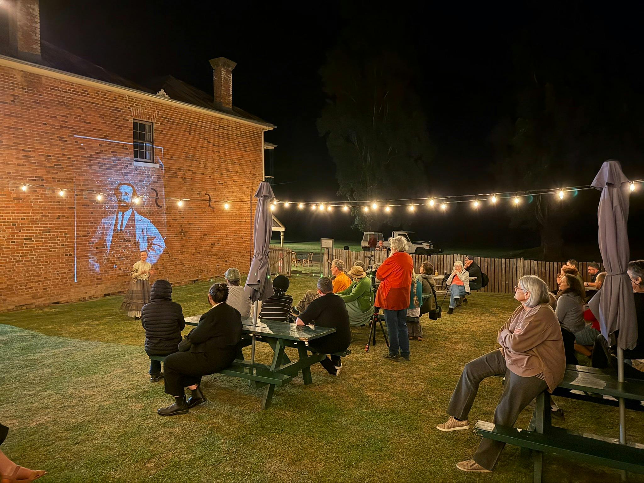Beer garden under festoon lights