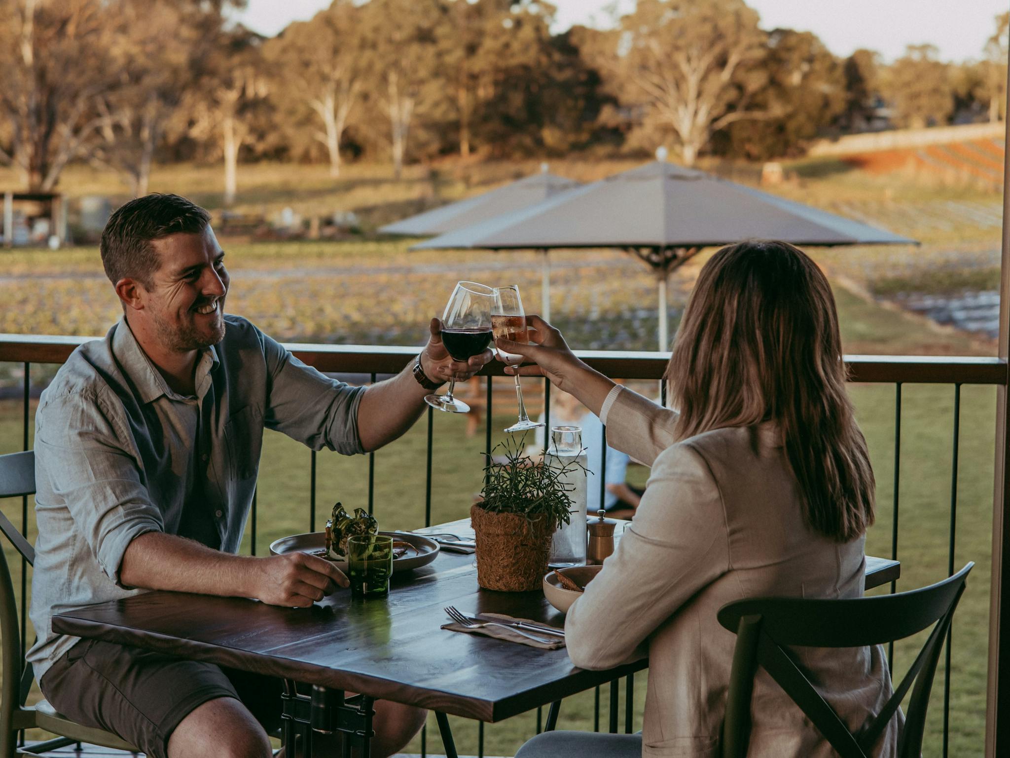 Couple saying cheers with their wine over a dinner for two Couple saying cheers with their wine over a dinner for two