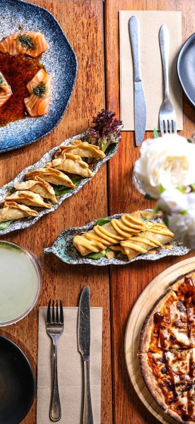 A spread of Asian-style food on a table.