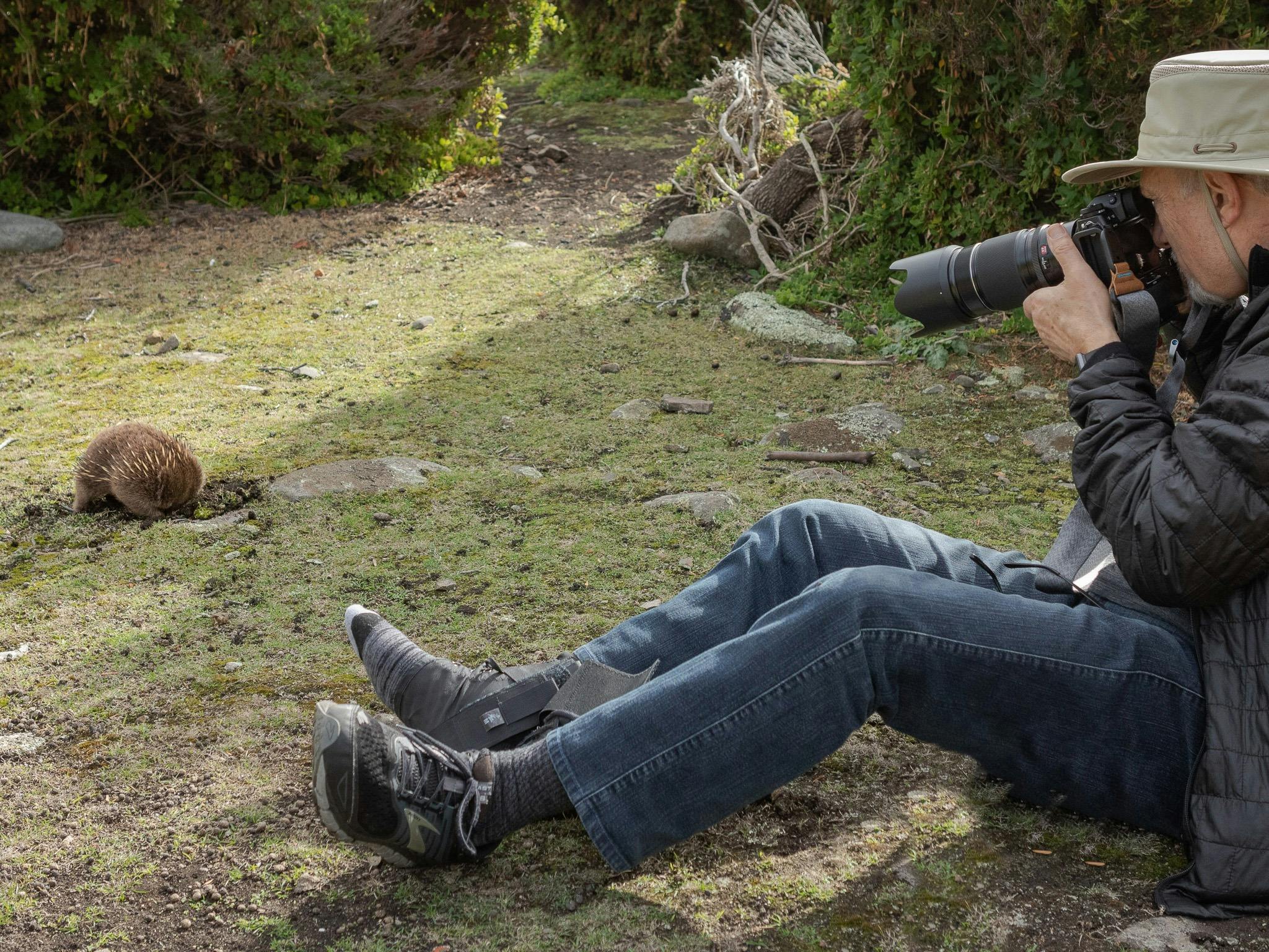 Guest on Shutterbug Walkabout tour sitting on the ground photographing a nearby echidna