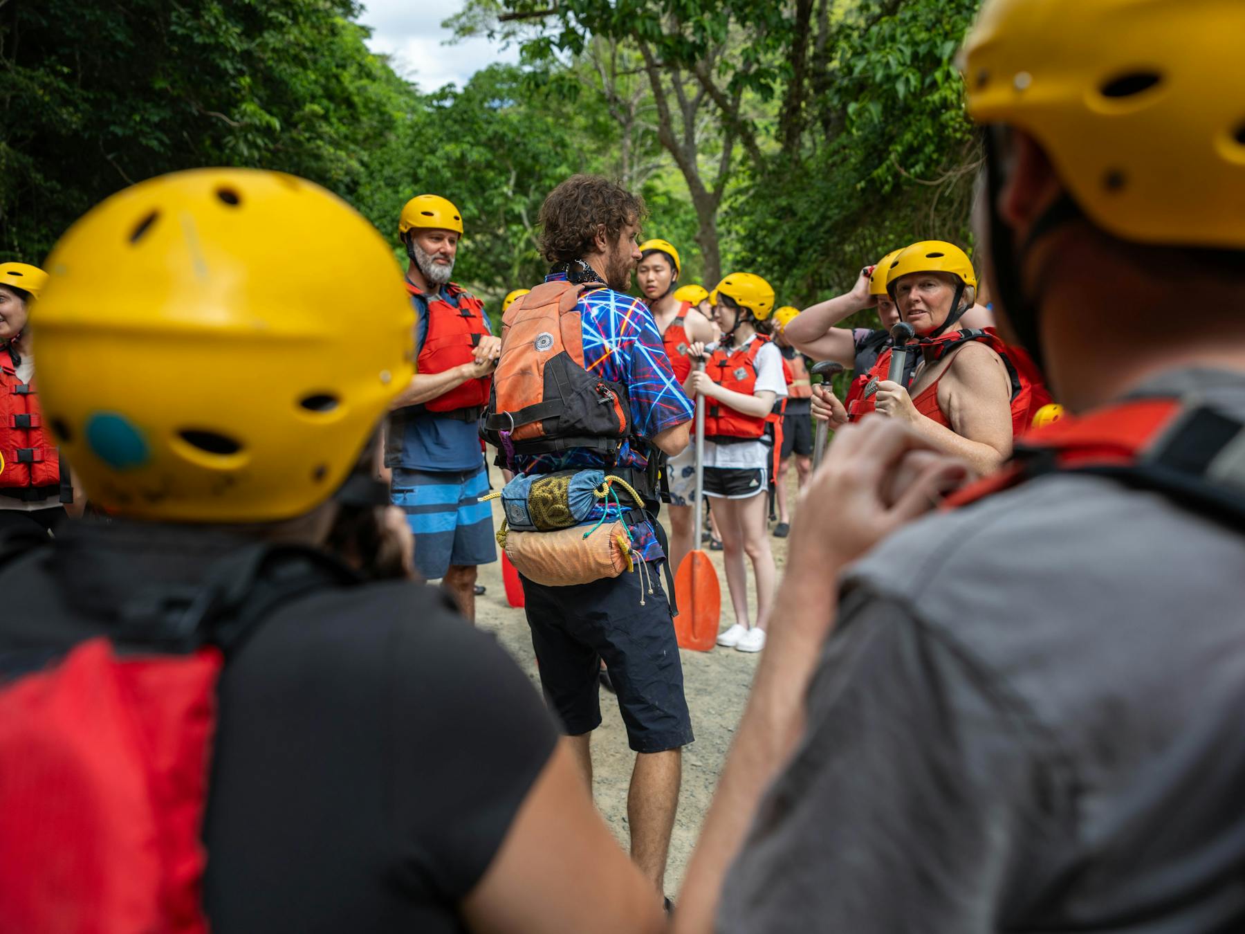 White Water Rafting Trip Leader Giving Safety Talk and Checking Safety Gear for the Barron River