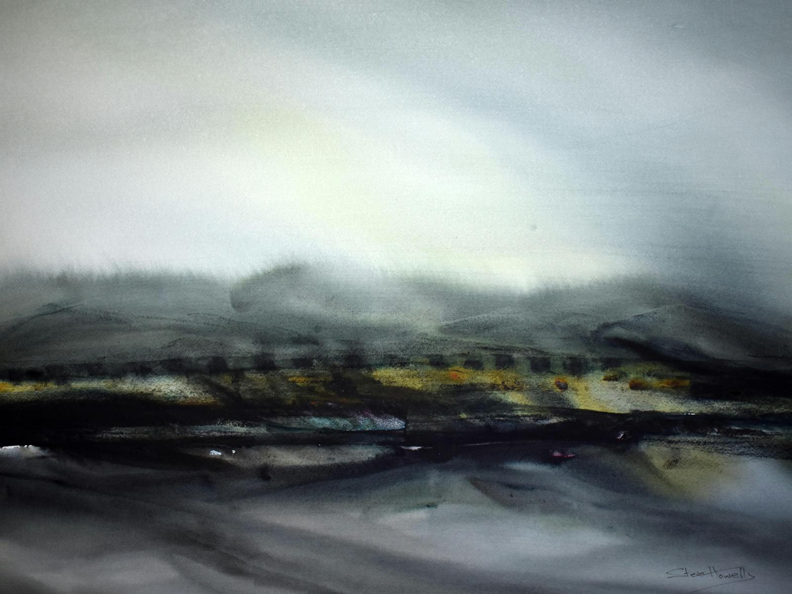 A dark, atmospheric, watercolour painting of Tasmania's West Coast, viewed from the sea.