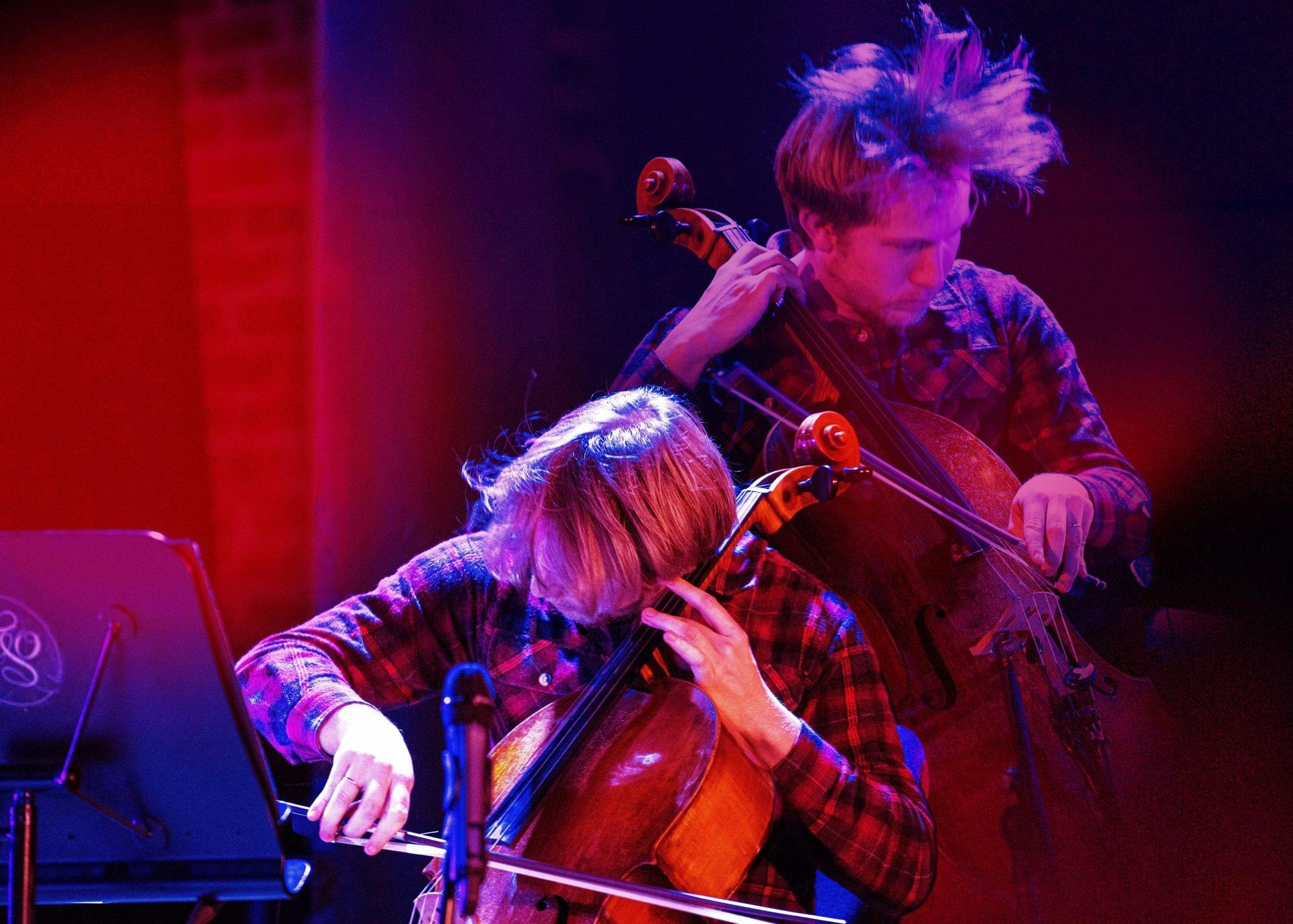 Two superimposed images of a man playing a cello
