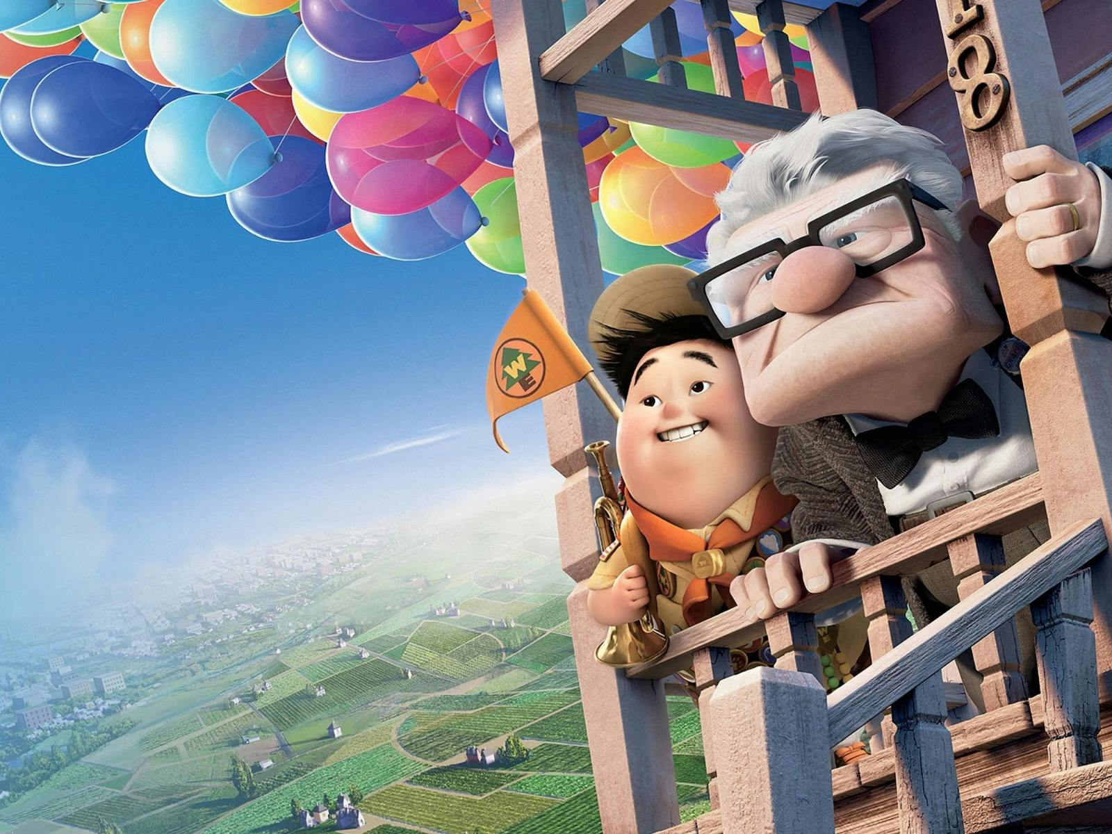 Young boy and old man animation in hot air balloon together