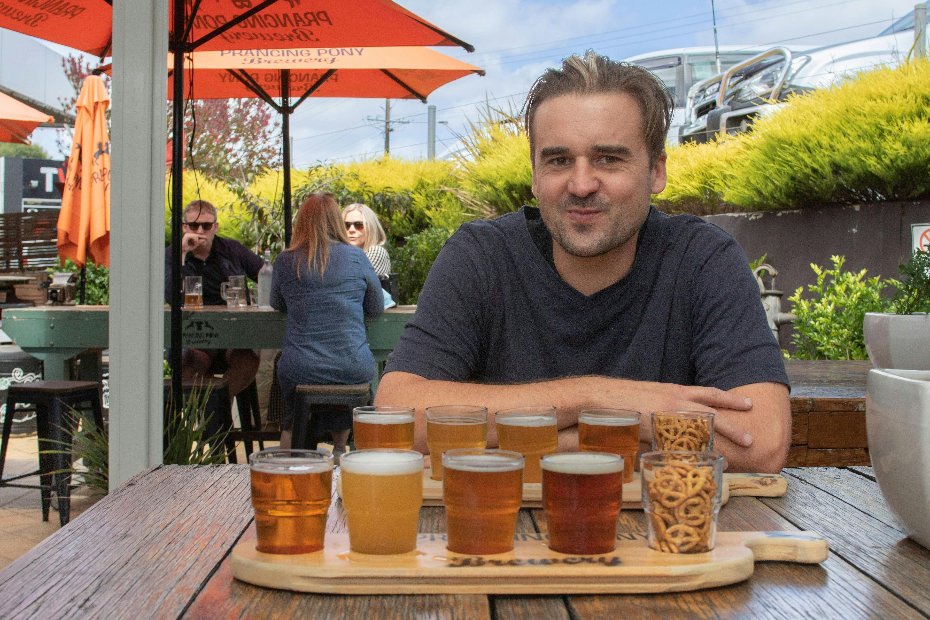 Beer tasting paddle in beer garden