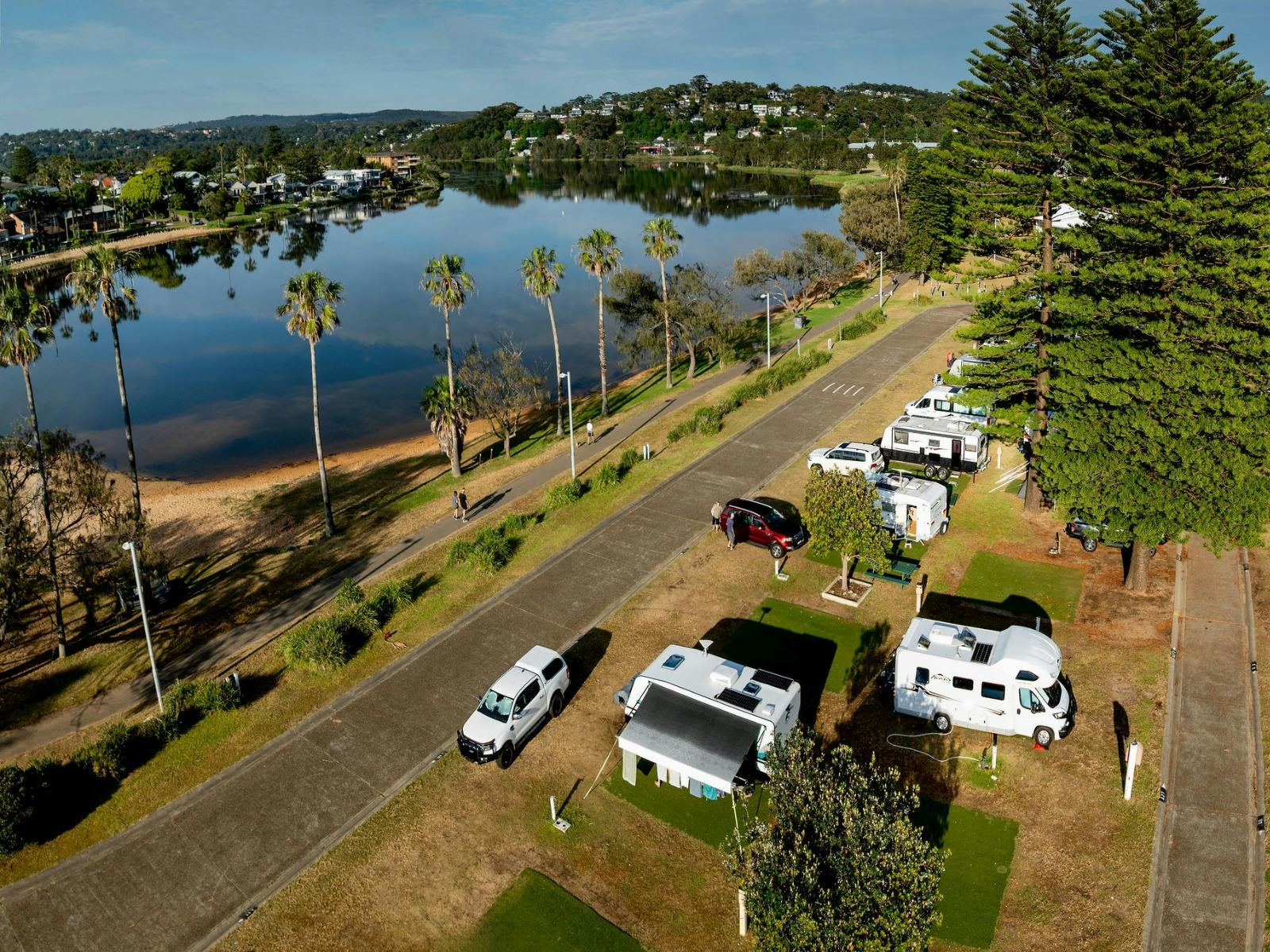 Aerial view of caravan sites overlooking Narabeen Lake