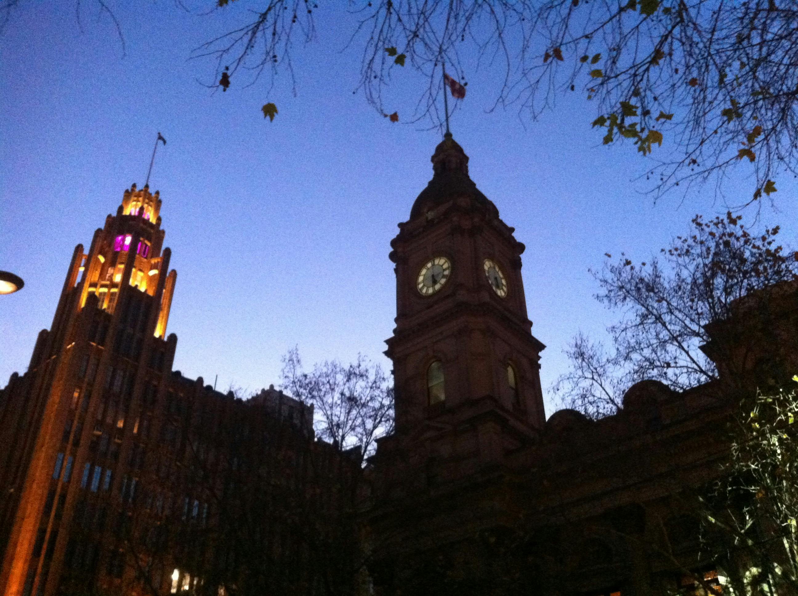 Melbourne in the early evening with the light is low - pretty towers are lit up