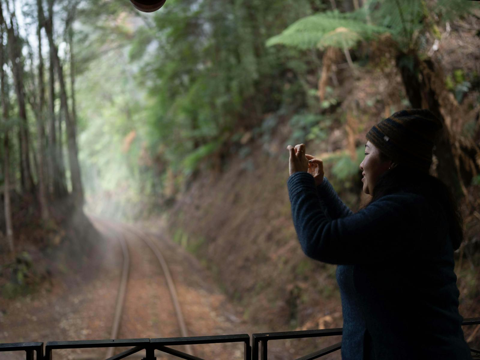 A wilderness carriage passenger takes a photo from the carriage balcony