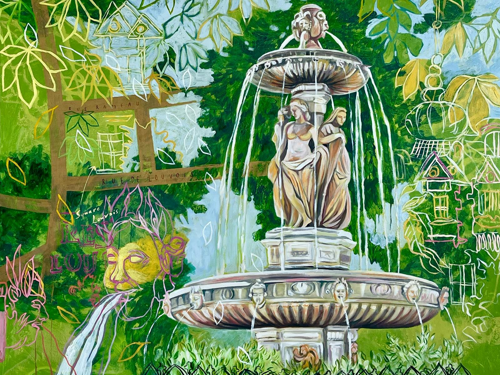 Großer Springbrunnen im Park, umgeben von grünen Bäumen