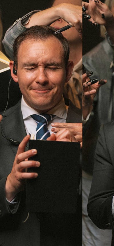 A greedy man on wall street seen three times