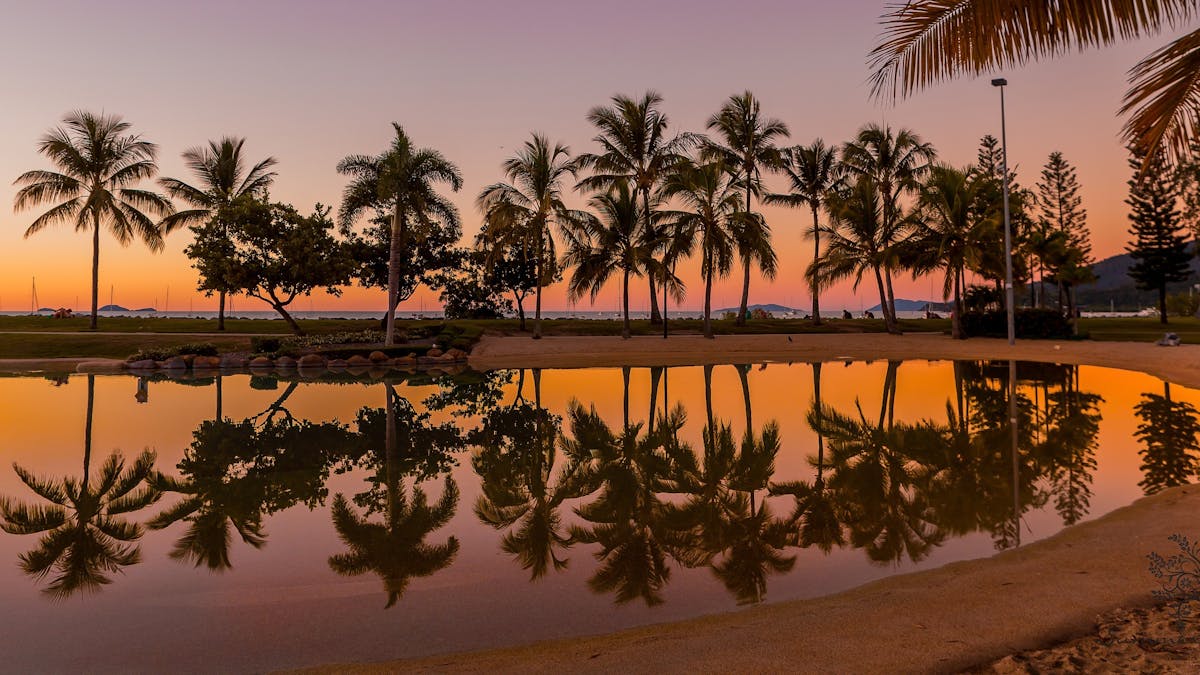 Palm trees and reflections on the water in the lagoon at sunset with beautiful orange and pink sky