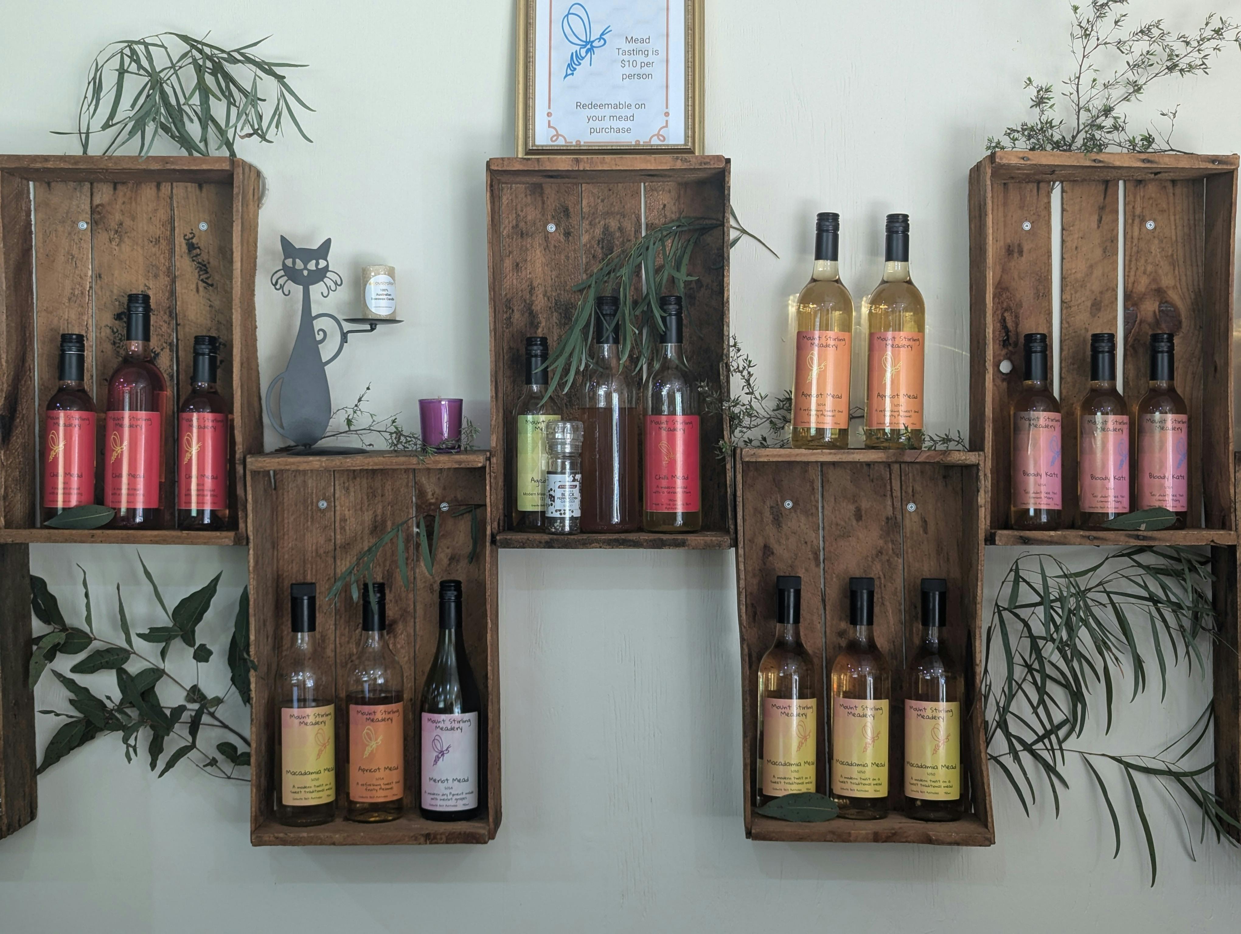 Mount Stirling Meadery bar display of available meads