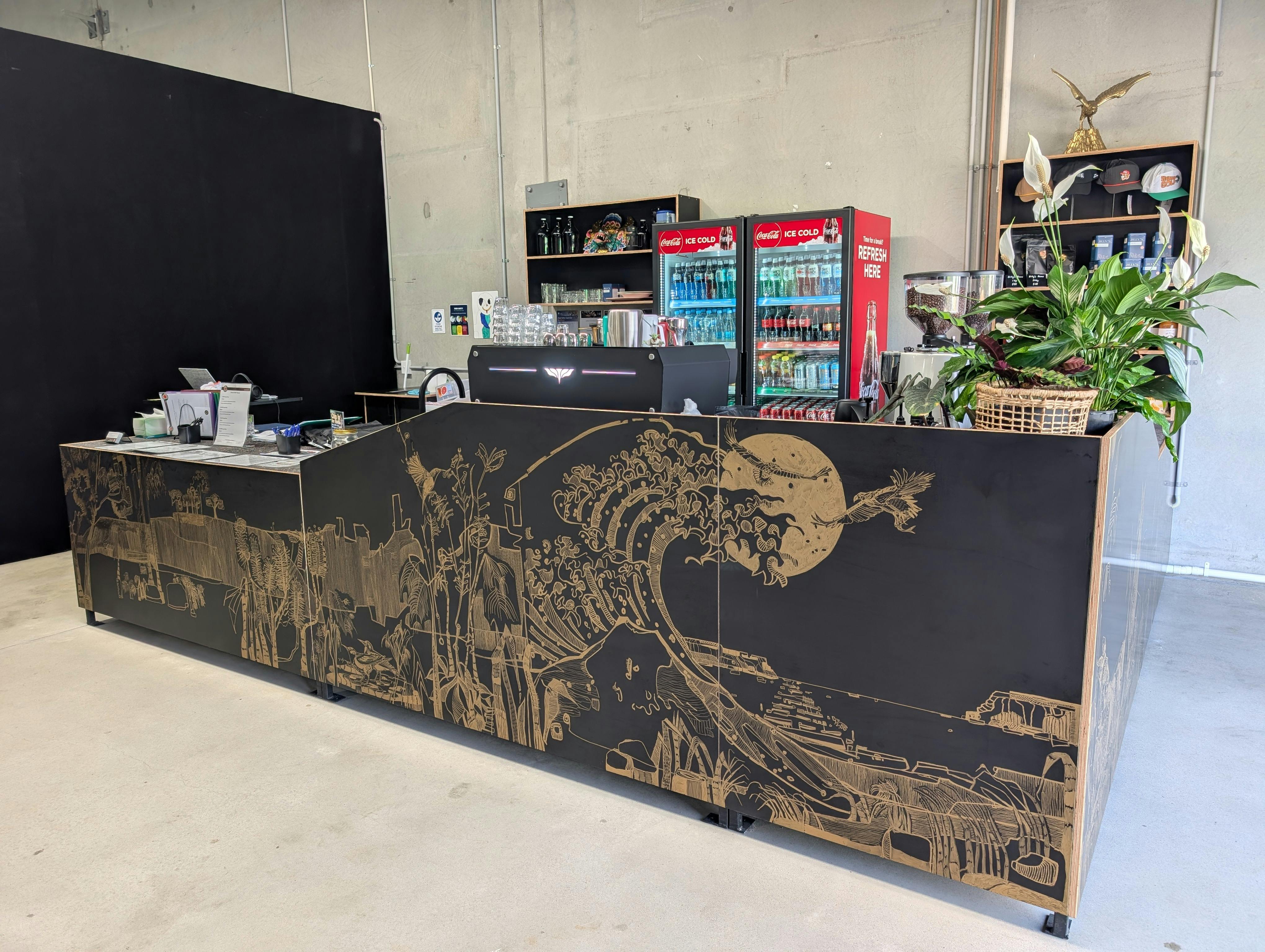 Counter with drinks fridge and coffee machine