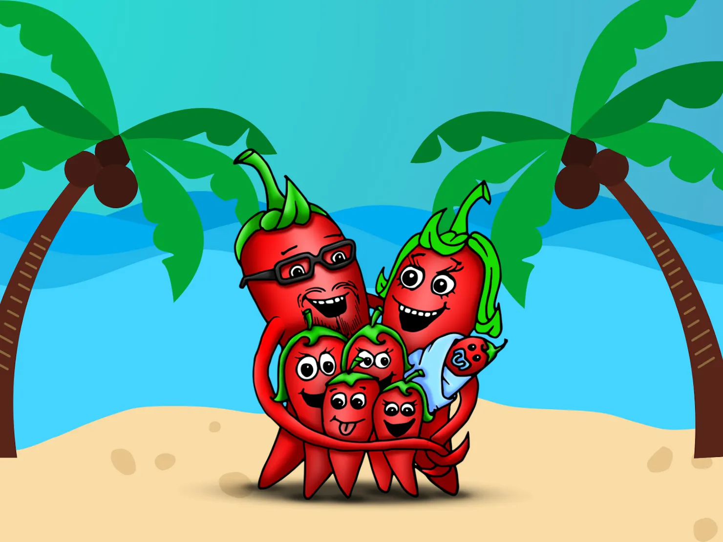 An animated chilli family at the beach