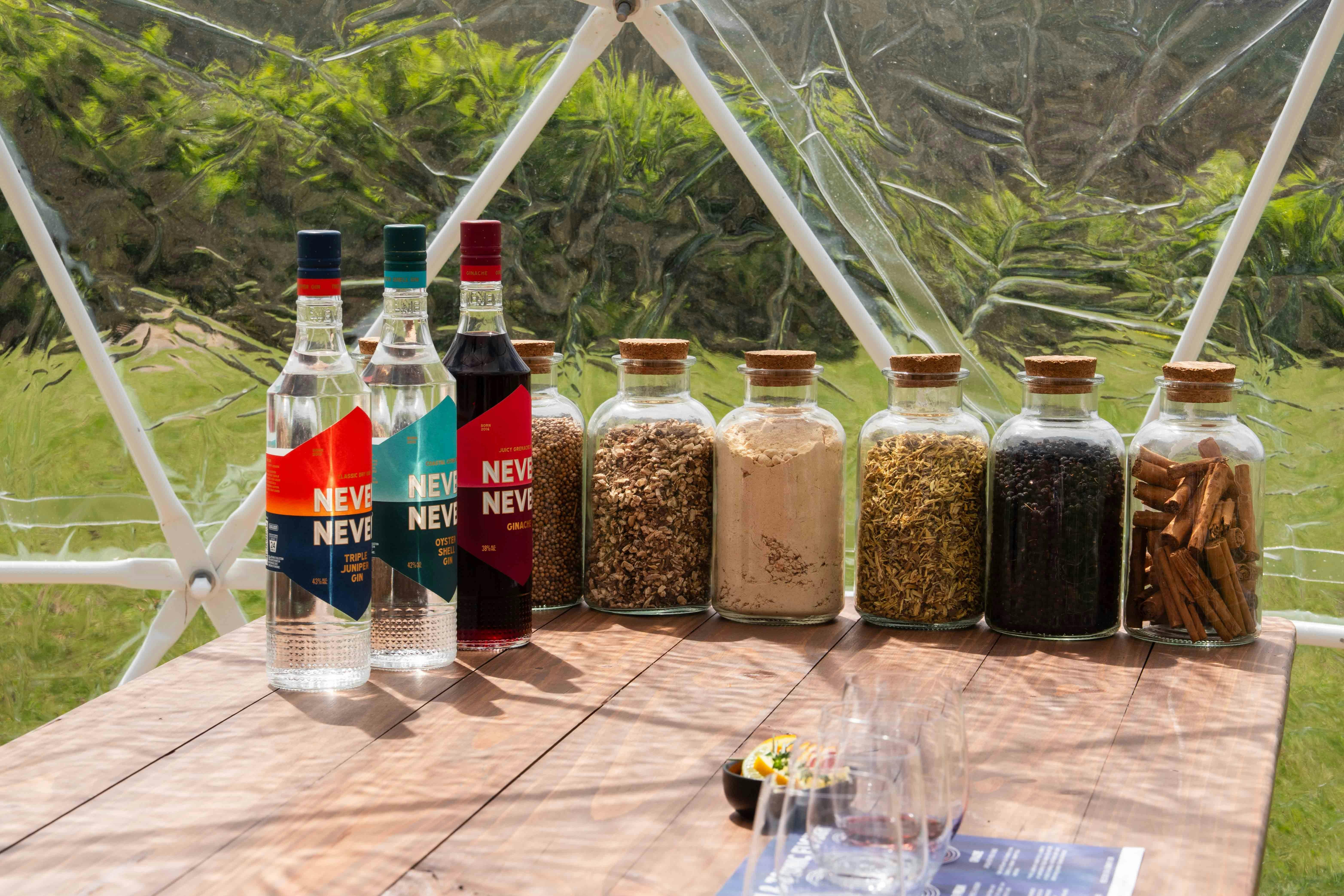 gin bottles and jars of botanicals on table inside dome