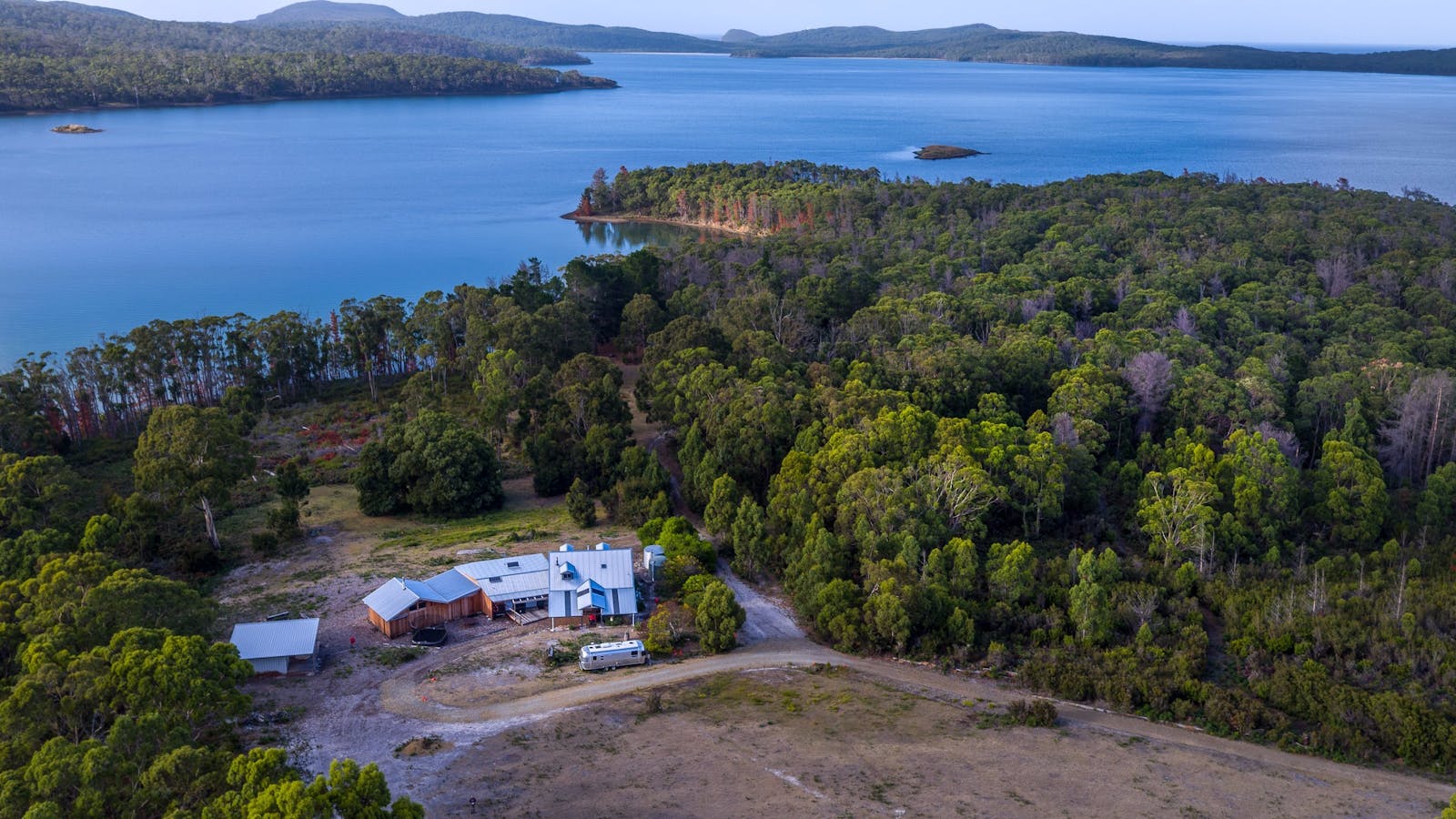 Aerial view of Bruny Island Lodge out to Mickeys Bay